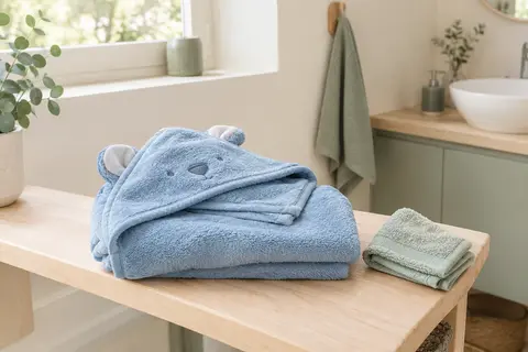 Cape de bain bleue pour bébé en polaire corail, avec capuche et petite serviette à main sur du bois clair.
