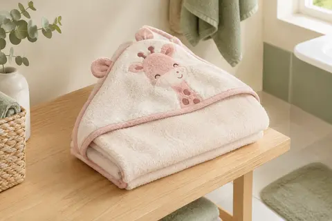 Serviette de bain rose à capuche avec motif de girafe, pliée sur une tablette en bois clair.