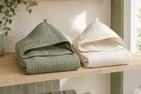 Deux capes de bain à capuche en mousseline olive et ivoire pliées sur une étagère en bois clair.