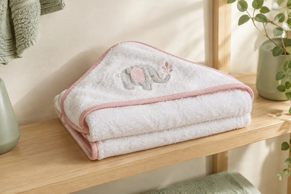 Cape de bain bébé en coton éponge blanc et rose, avec capuche brodée d’un motif éléphant.