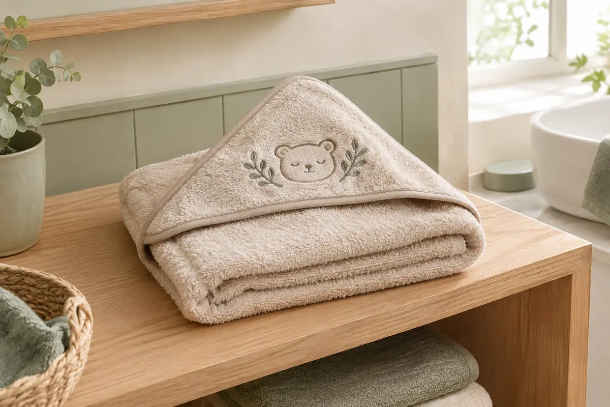 Cape de bain bébé beige en coton éponge, pliée sur une étagère en bois clair, capuche brodée visible.