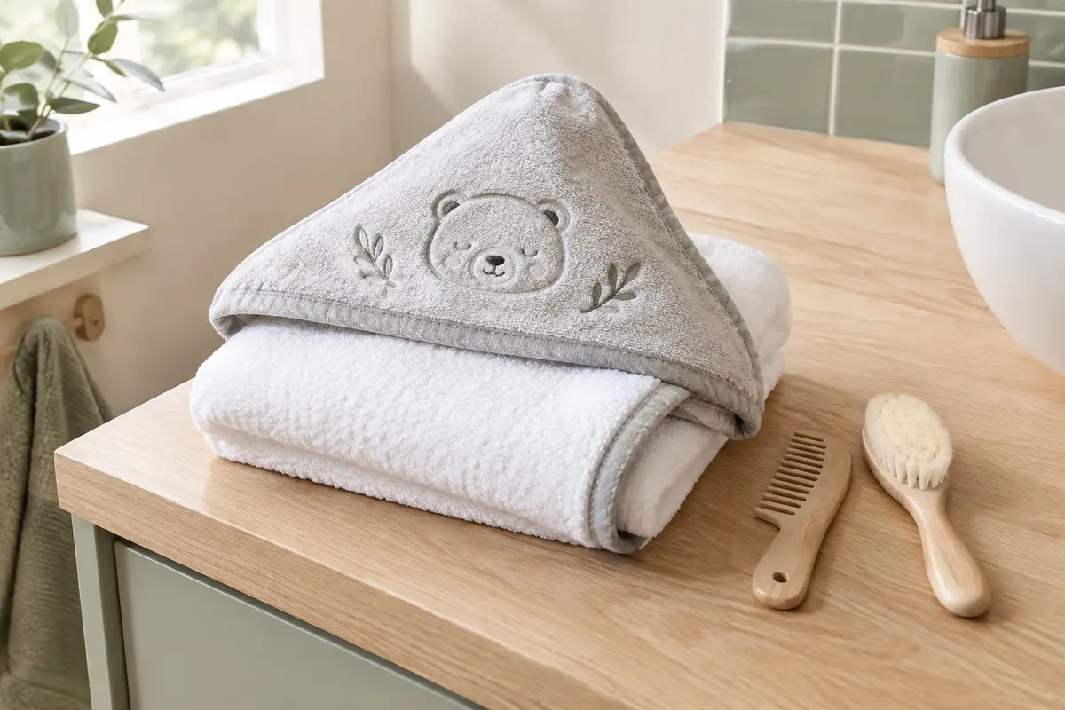 Cape de bain bébé blanche et grise à capuche, pliée sur une tablette en bois clair avec peigne et brosse.