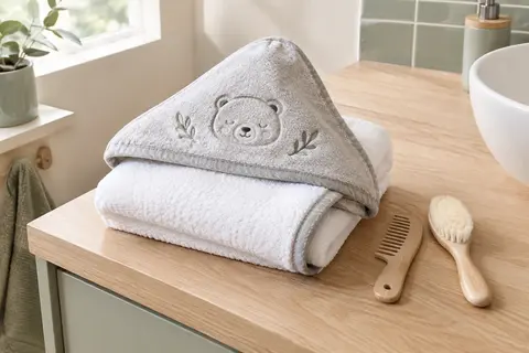 Cape de bain bébé blanche et grise à capuche, pliée sur une tablette en bois clair avec peigne et brosse.
