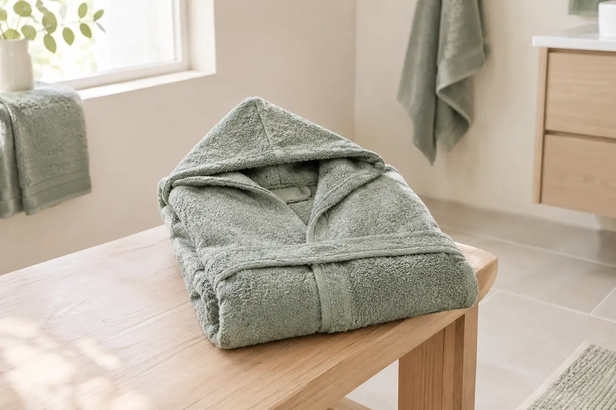 Peignoir de bain pour enfant en éponge vert sauge, plié sur un banc en bois clair dans une salle de bain