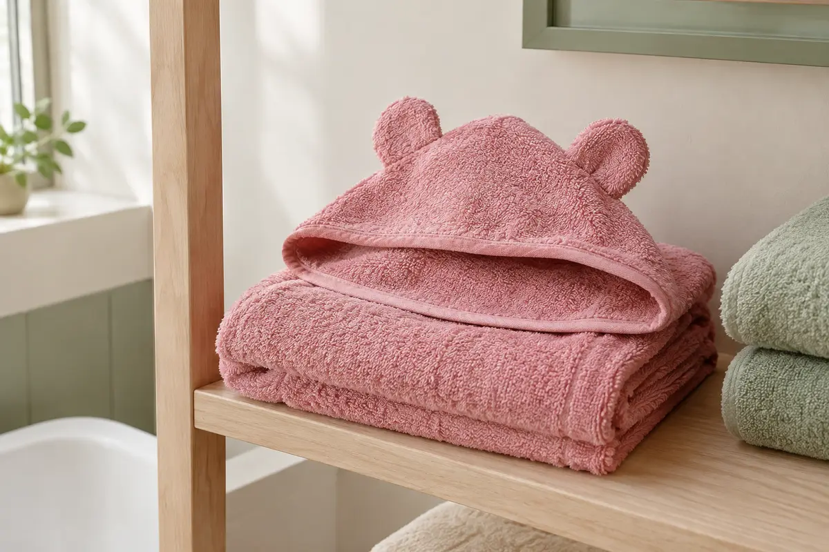 Poncho de bain enfant rose sauvage en coton éponge, plié sur une étagère en bois clair