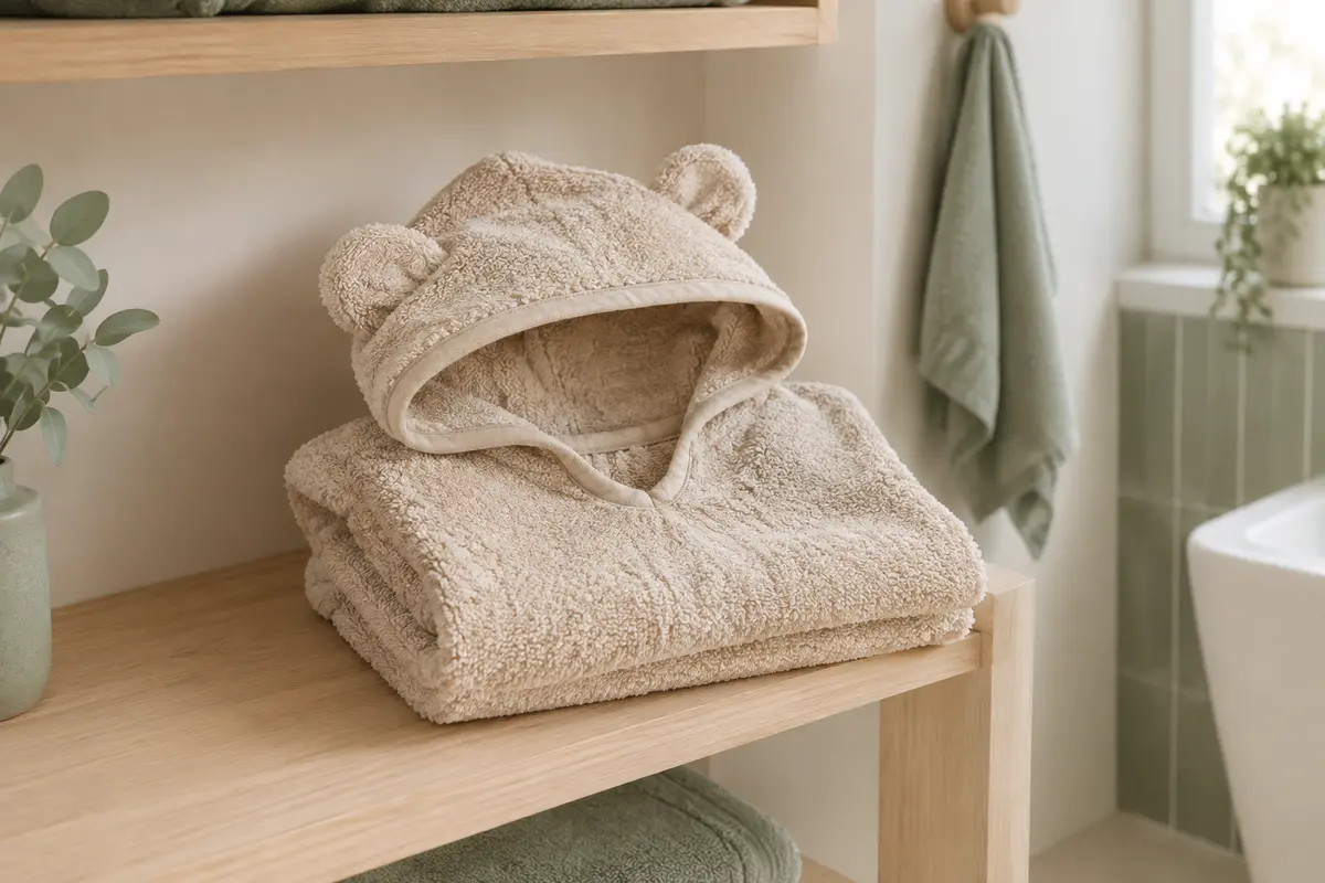 Poncho de bain beige en éponge de coton, plié sur du bois clair avec sa capuche à oreilles visible