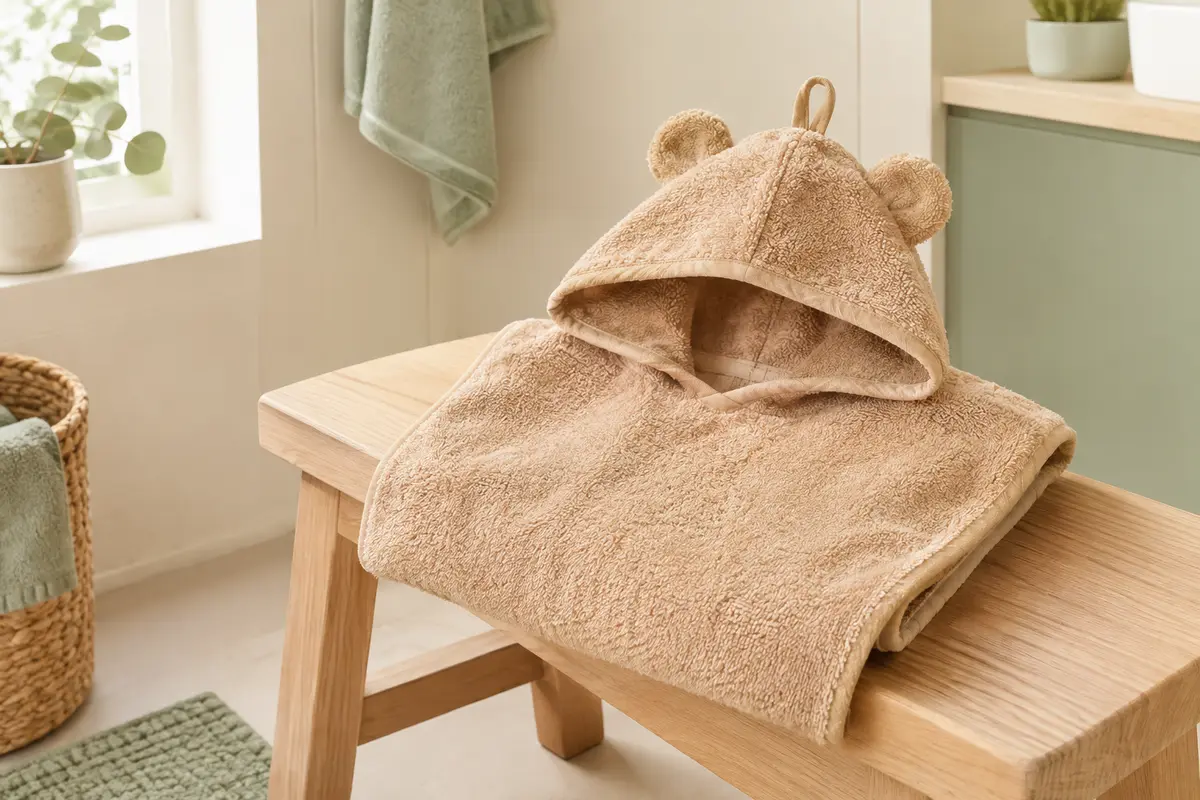 Poncho de bain couleur biscuit, beige caramel clair, en coton éponge, plié sur un banc en bois clair