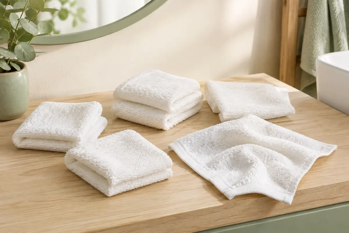 Six carrés de toilette blancs en viscose de bambou, pliés sur une tablette en bois clair