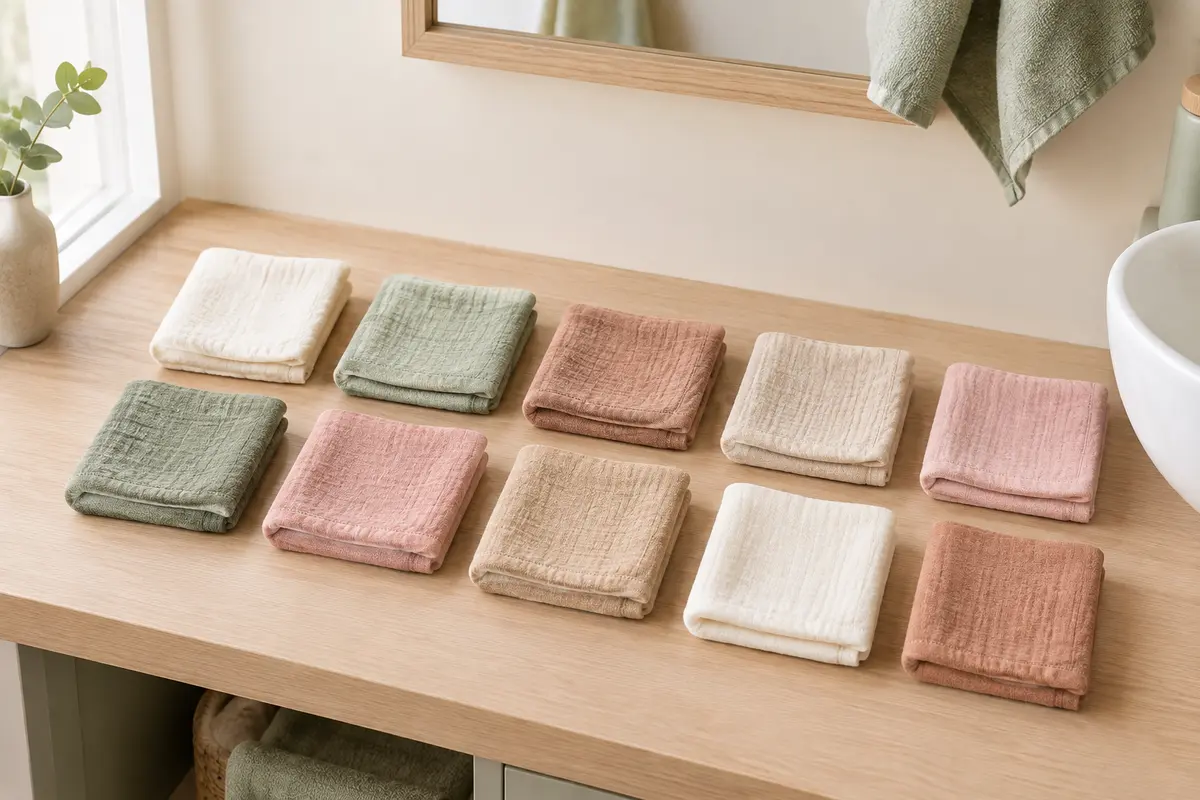 Dix carrés de toilette en coton de couleurs douces, pliés et posés en deux rangées de cinq sur une tablette en bois clair
