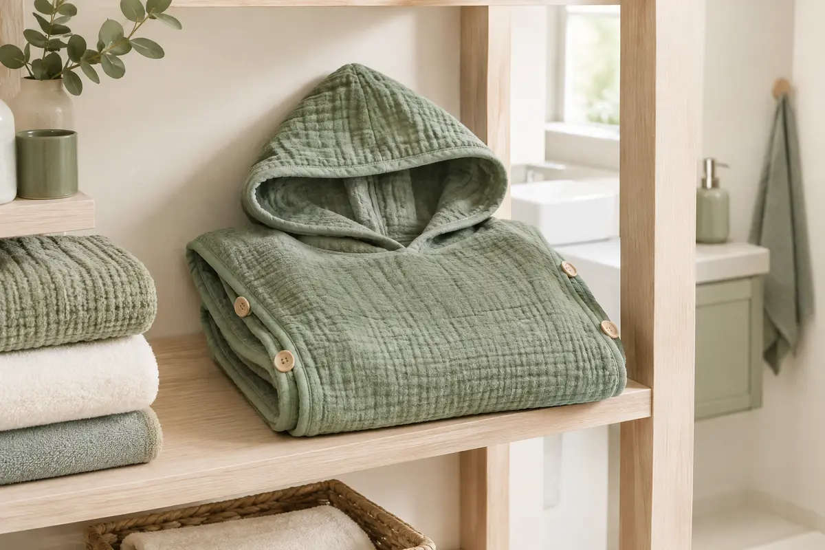 Poncho de bain vert en mousseline de coton à capuche, plié sur une étagère en bois clair