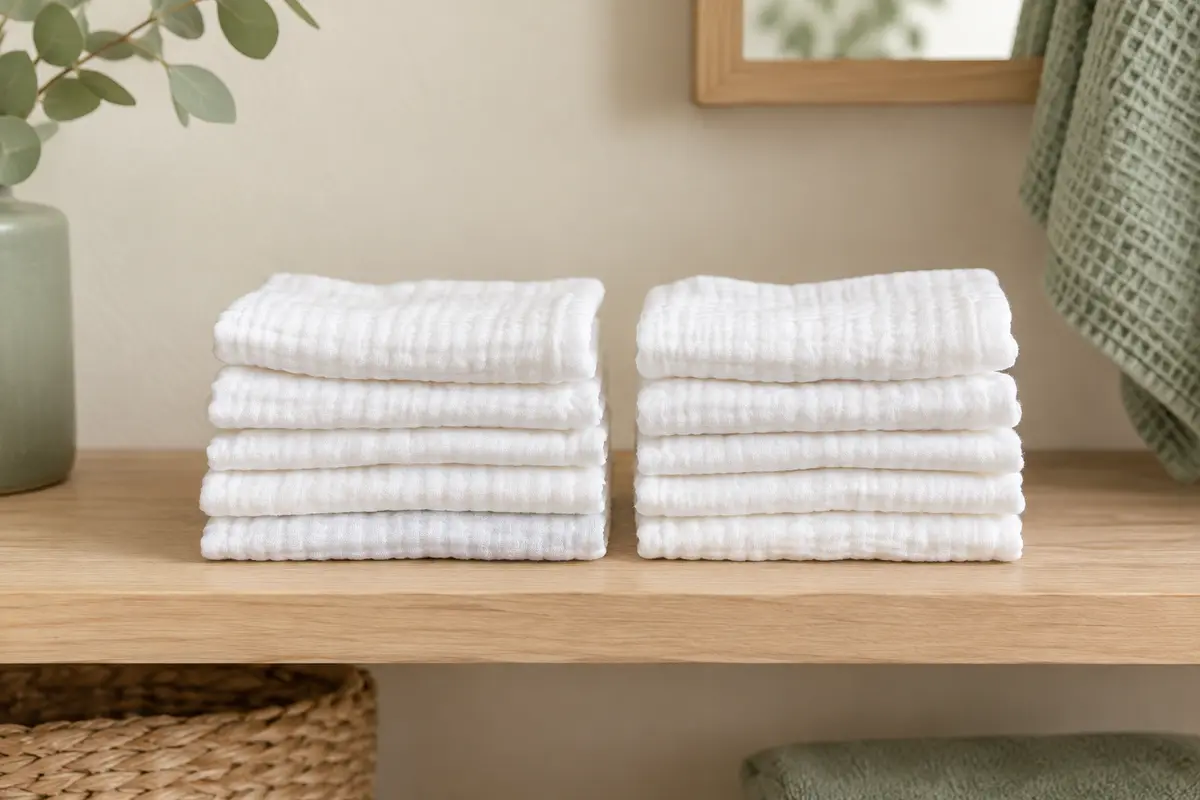 Dix gants de toilette en mousseline blanche, pliés en deux piles de cinq sur une étagère en bois clair