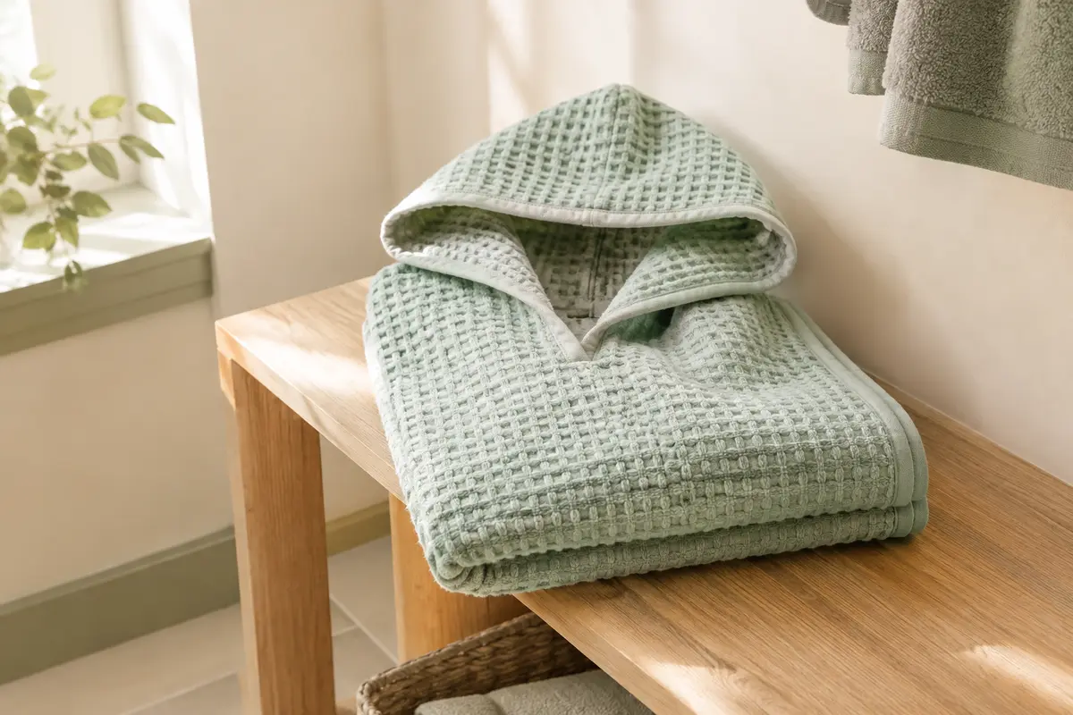 Poncho de bain gaufré en mousseline de coton, plié sur une étagère en bois clair