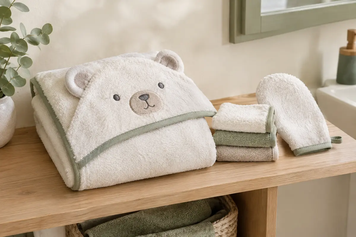 Ensemble de bain blanc en fibre de bambou avec serviette à capuche, trois débarbouillettes et un gant.