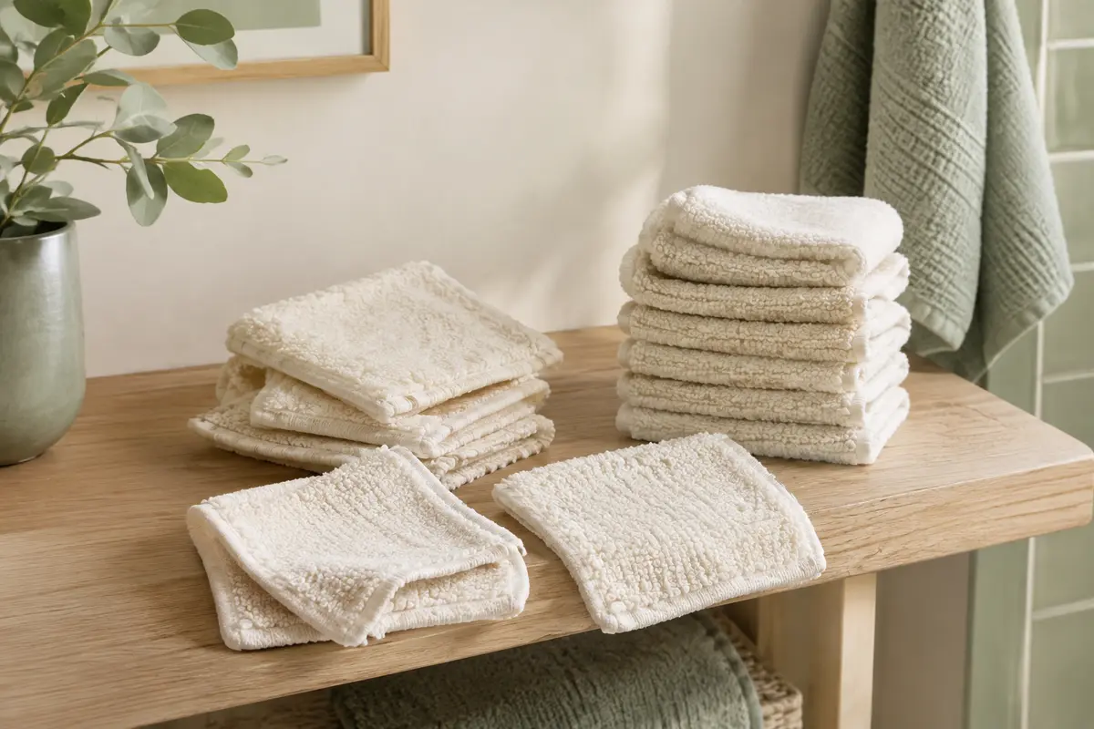 Carrés de toilette en éponge bambou-coton naturelle pliés sur une étagère en bois clair