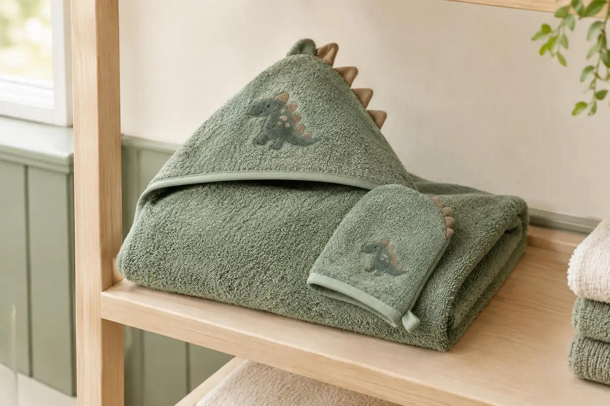 Cape de bain en coton vert à capuche et gant assorti, pliés sur une étagère en bois clair.