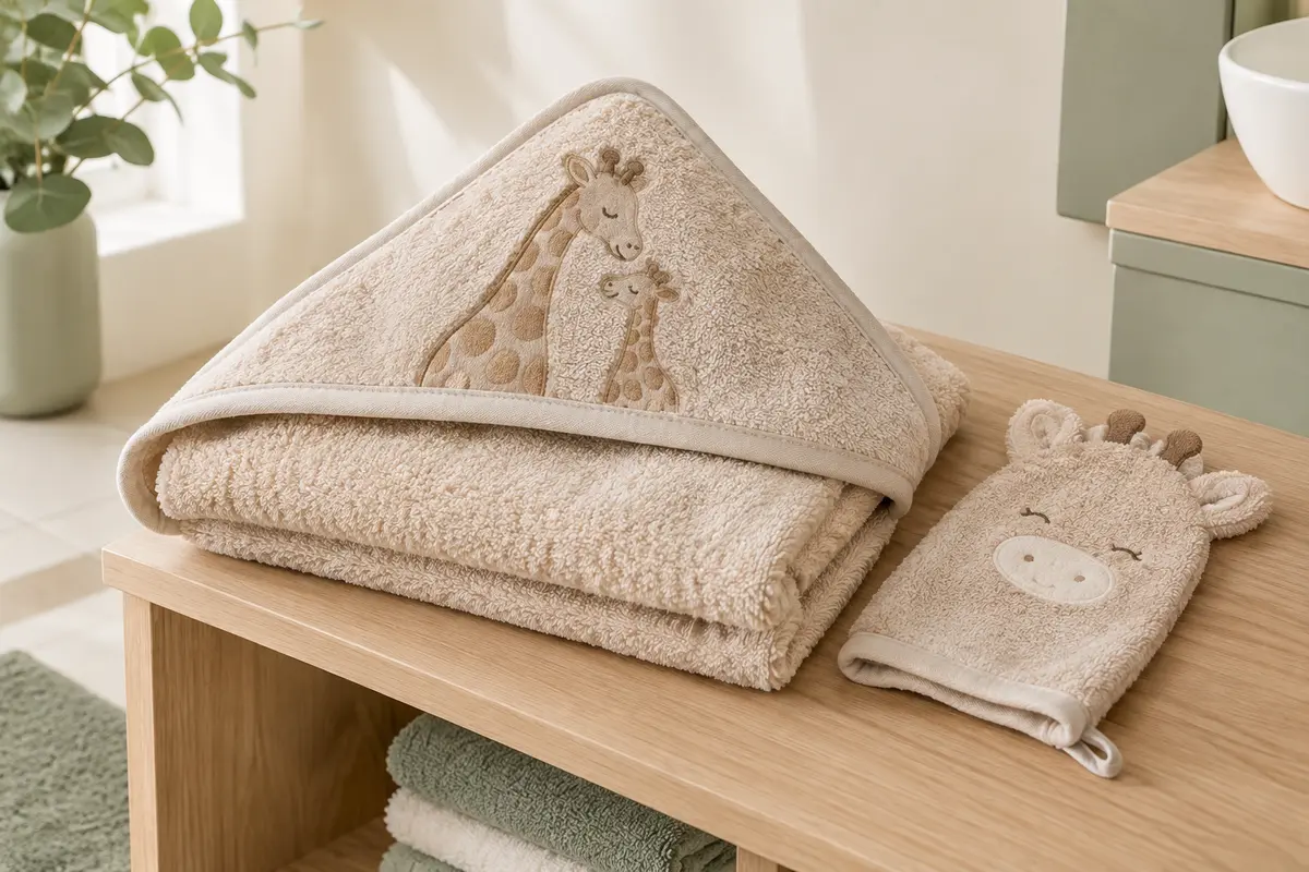 Cape de bain bébé beige sable à capuche brodée, accompagnée de son gant assorti sur du bois clair.