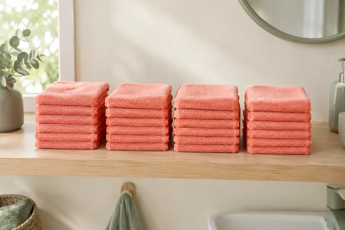 Vingt-quatre gants de toilette pour bébé en microfibre corail, pliés en quatre piles sur une étagère en bois clair