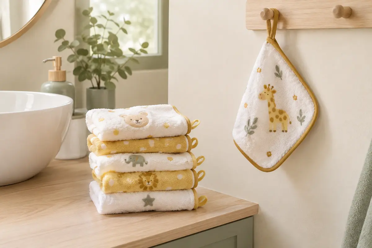 Cinq gants de toilette bébé en microfibre blanche et jaune, à motifs animaux et bords dorés