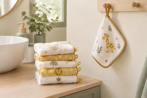 Cinq gants de toilette bébé en microfibre blanche et jaune, à motifs animaux et bords dorés