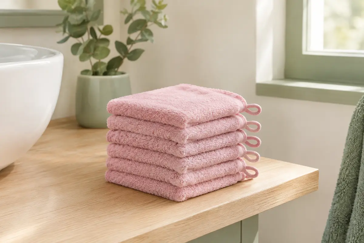 Lot de six gants de toilette rose en flanelle microfibre pliés sur une tablette en bois clair