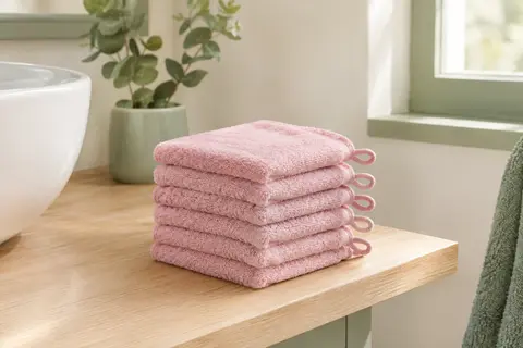 Lot de six gants de toilette rose en flanelle microfibre pliés sur une tablette en bois clair