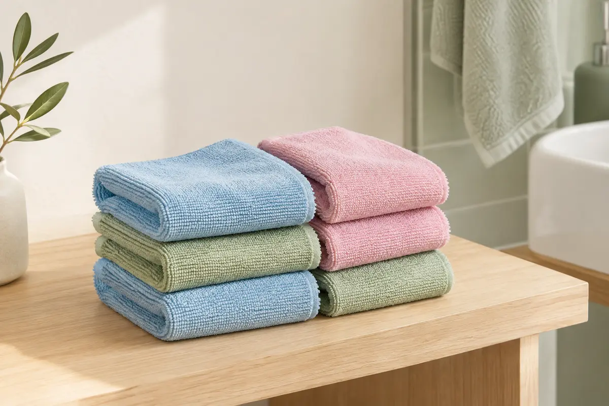 Six carrés de toilette unis en microfibre, bleu clair, vert et rose, pliés sur du bois clair.