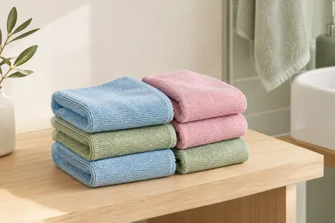 Six carrés de toilette unis en microfibre, bleu clair, vert et rose, pliés sur du bois clair.