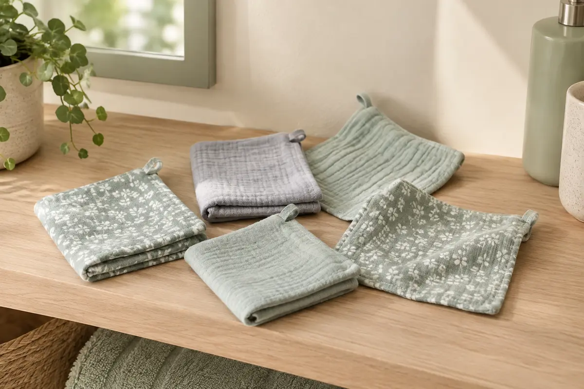 Cinq gants de toilette en mousseline vert givré et gris argenté posés sur une étagère en bois clair