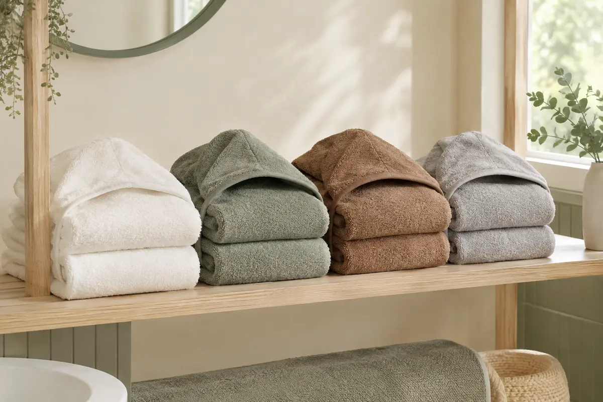 Quatre capes de bain à capuche, blanches, grises, vertes et marron, pliées sur du bois clair