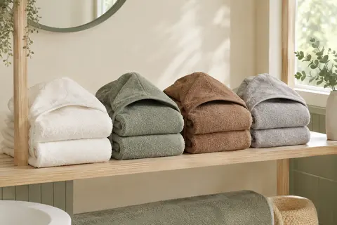 Quatre capes de bain à capuche, blanches, grises, vertes et marron, pliées sur du bois clair