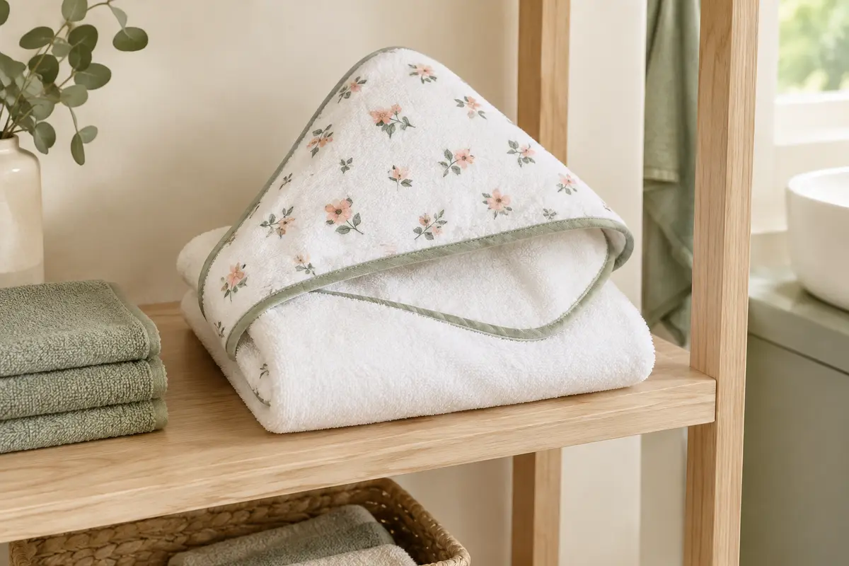 Cape de bain blanche pour bébé, à capuche doublée éponge, pliée sur une étagère en bois clair.