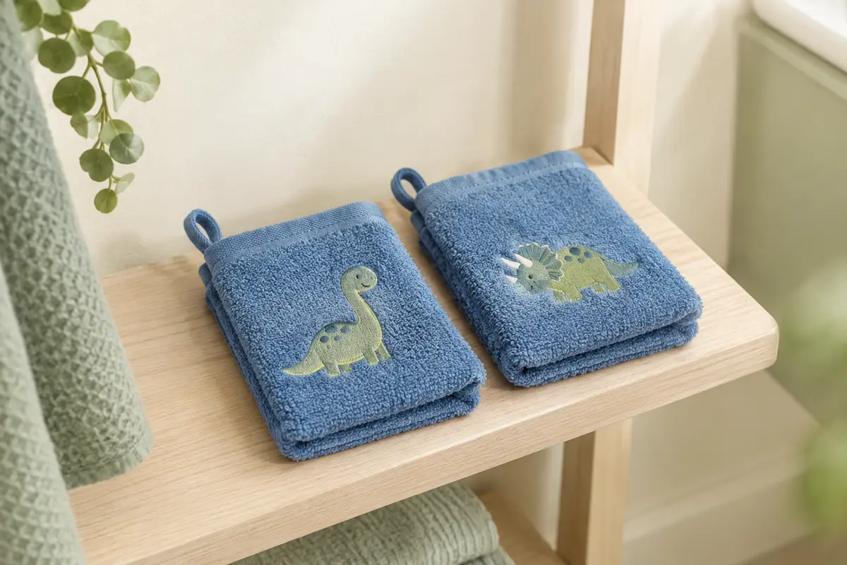 Deux gants de toilette bleus Dino Rexi en coton éponge, pliés sur une étagère en bois clair.