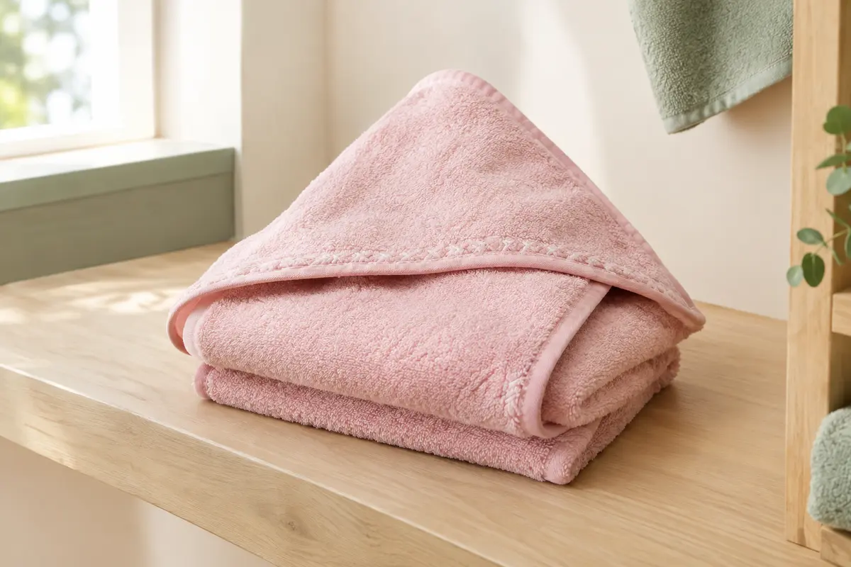 Cape de bain bébé rose en tissu éponge, avec capuche et détail de point de croix, posée sur du bois clair.
