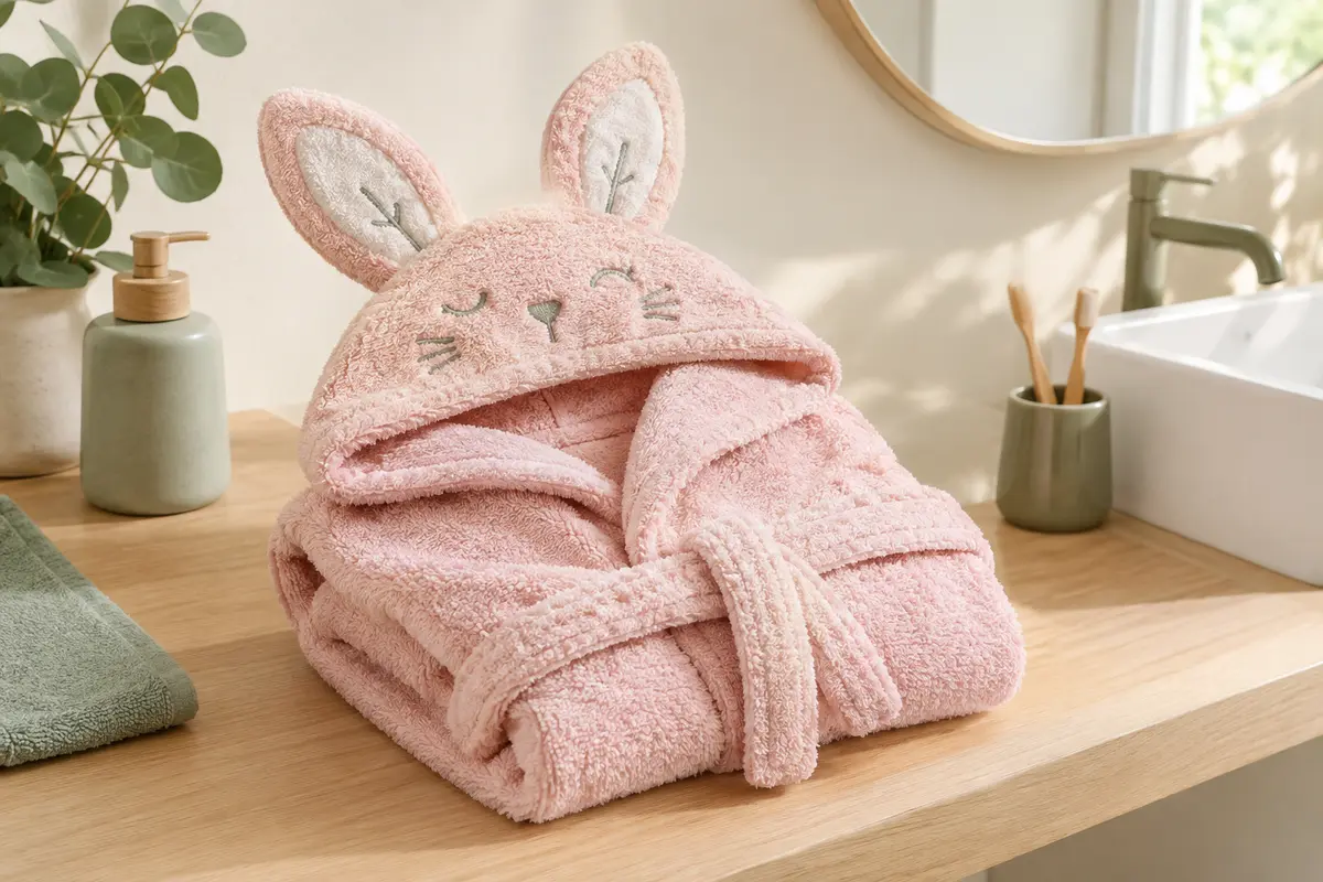 Peignoir bébé rose en éponge avec capuche à oreilles de lapin, plié sur une tablette en bois clair.