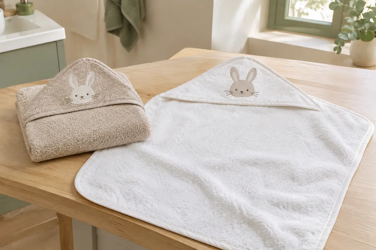 Deux capes de bain bébé à capuche lapin, l’une beige pliée, l’autre blanche étalée à plat sur du bois clair
