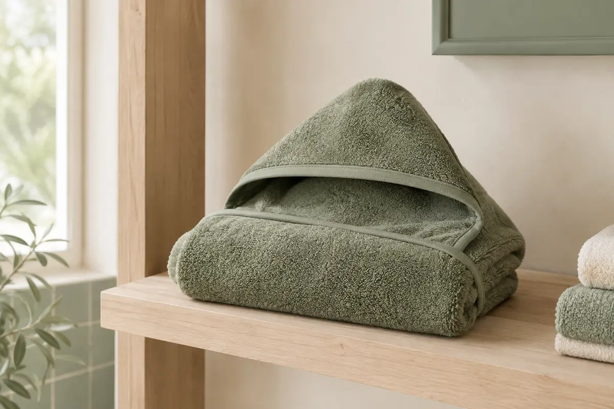 Serviette de bain bébé à capuche kaki en coton, pliée sur une étagère en bois clair dans une salle de bain lumineuse.