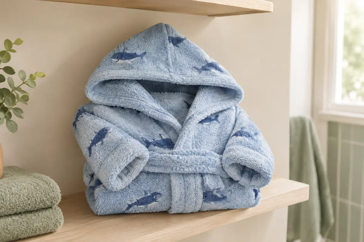 Peignoir bébé bleu en coton éponge avec capuche et motif requin, plié sur du bois clair.