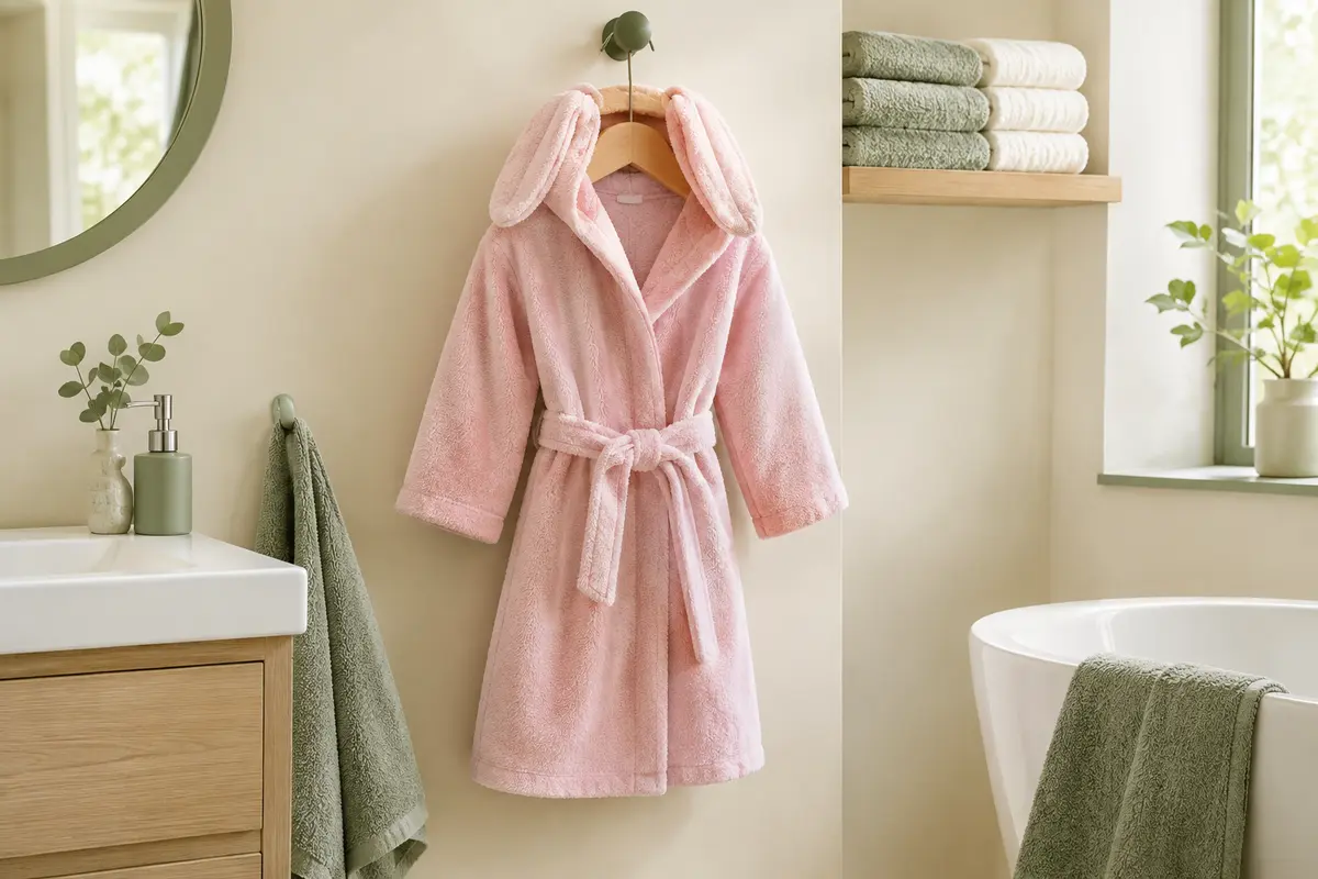 Peignoir de bain rose en flanelle à capuche oreilles de lapin, suspendu à un cintre, ceinture cousue nouée devant