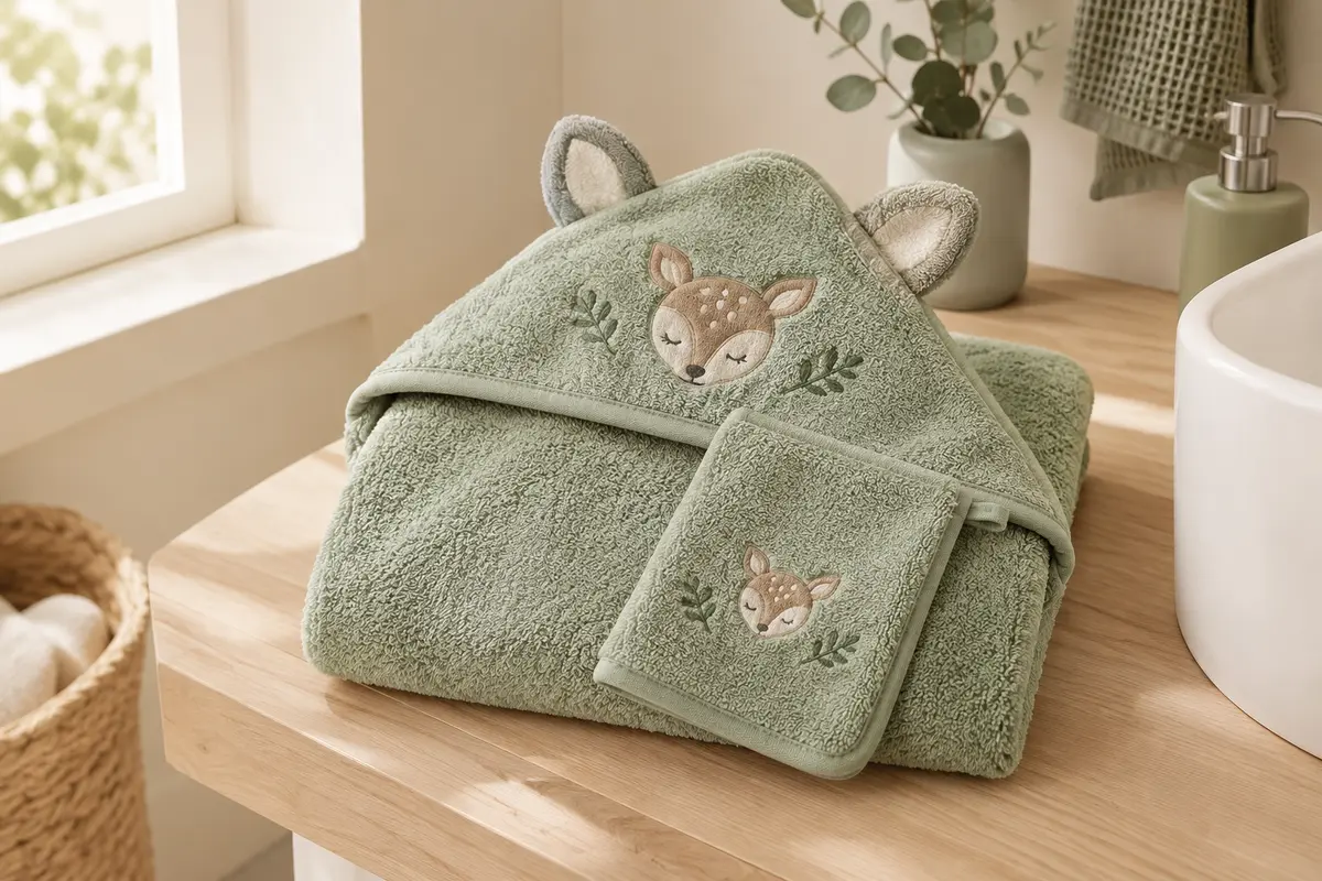 Cape de bain bébé verte en coton avec capuche à oreilles et gant assorti, pliés sur du bois clair.