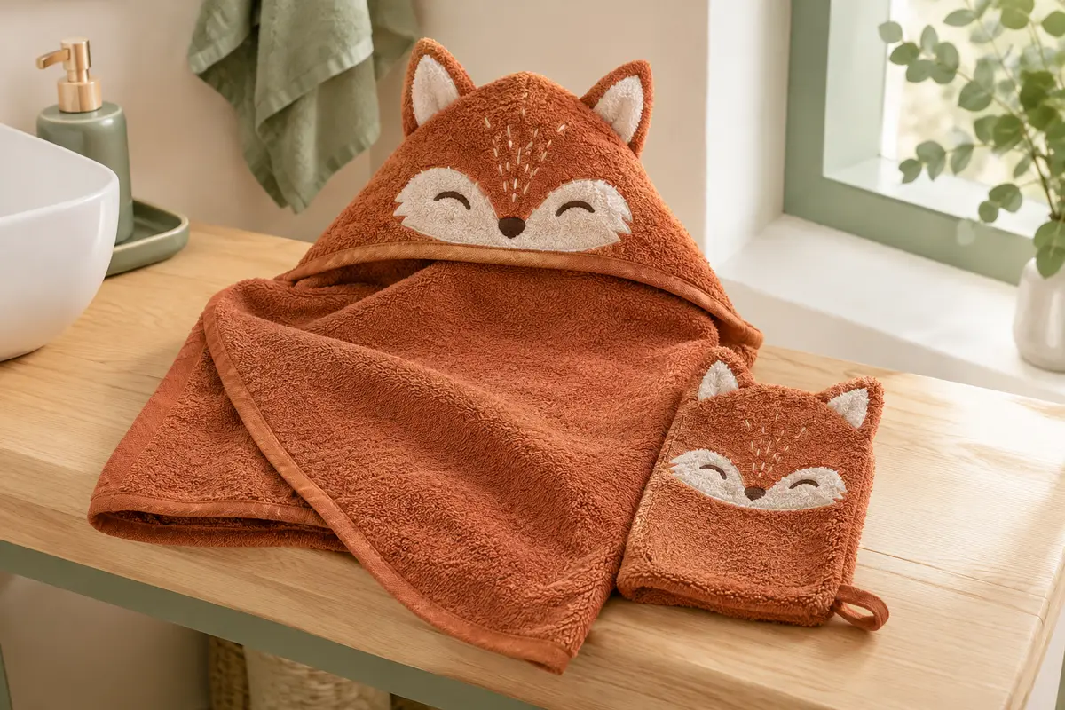 Cape de bain bébé en éponge terre cuite, capuche à oreilles de renard et gant assorti posés sur du bois clair.