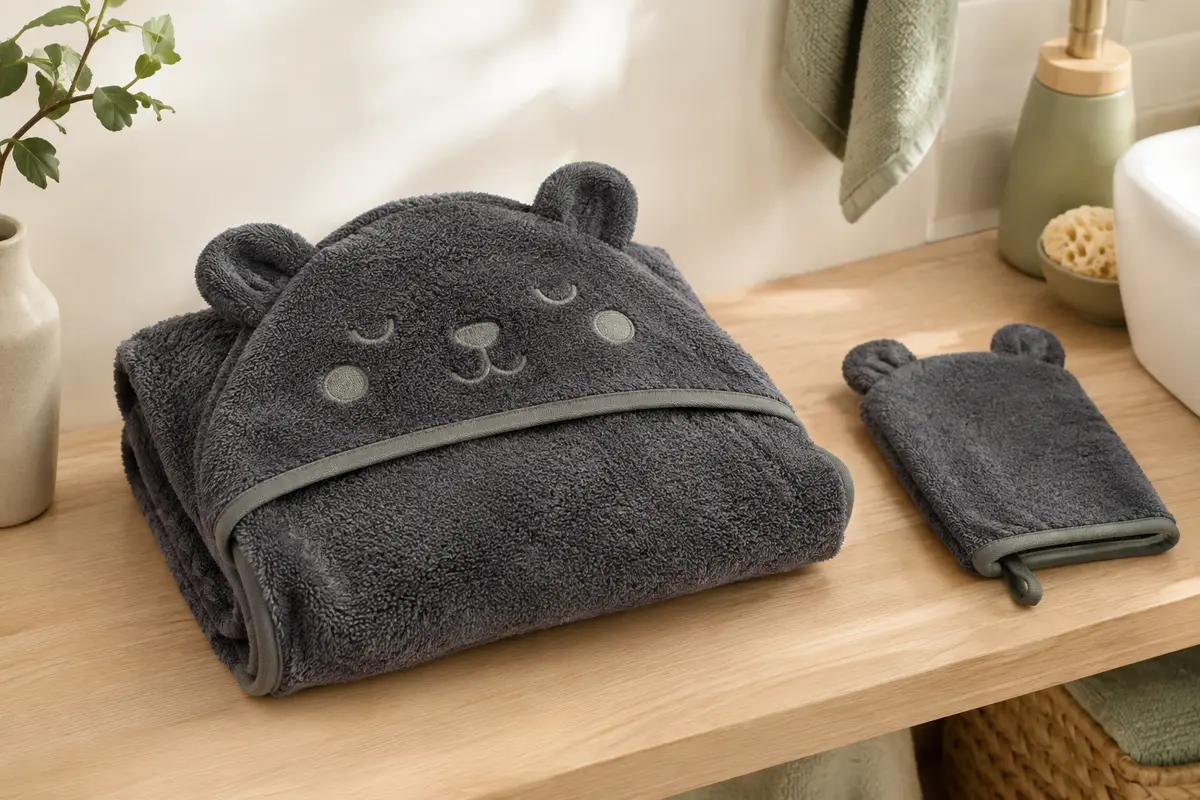 Cape de bain bébé anthracite avec capuche brodée et gant assorti, posés sur du bois clair