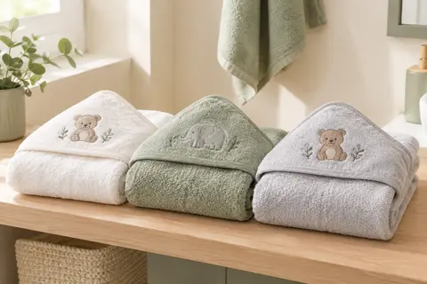 Trois capes de bain bébé à capuche, blanche, verte et grise, pliées sur du bois clair.