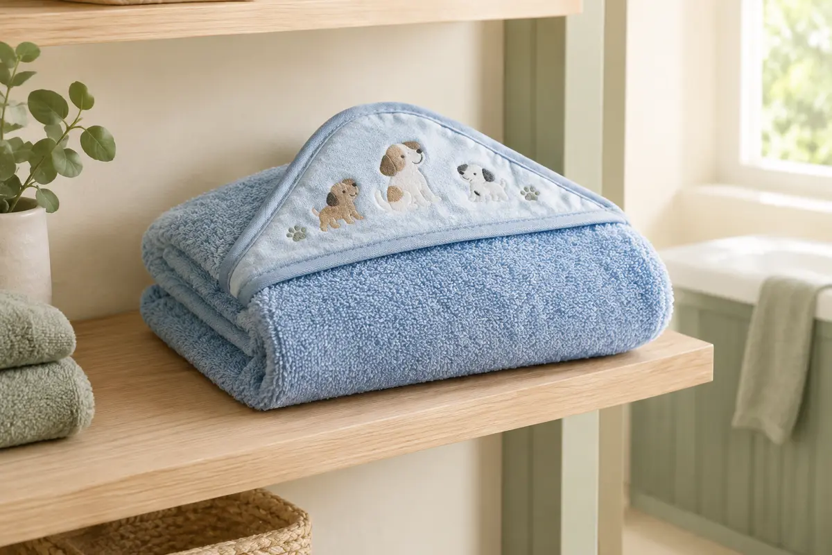 Serviette à capuche bleue en coton, pliée sur du bois clair dans une salle de bain lumineuse.